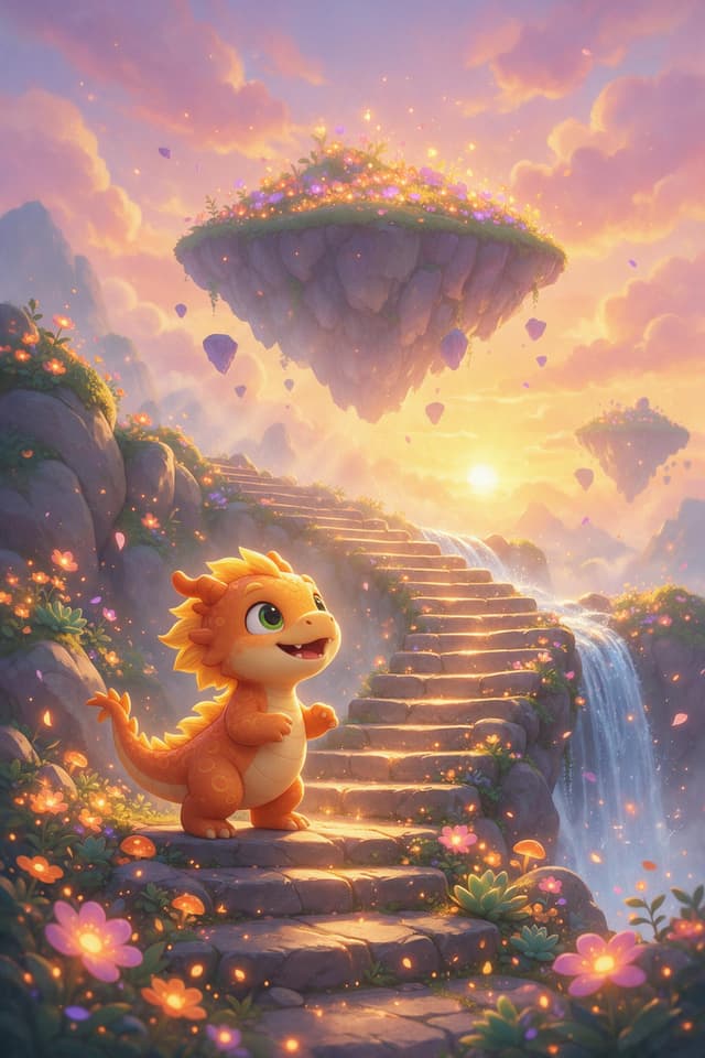 Example AI-generated picture of a baby dragon on a staircase